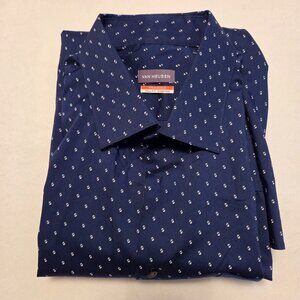 Van Heusen Long Sleeve 17.5 35/36 Navy Blue Tall Fit Stretch Stain Shield